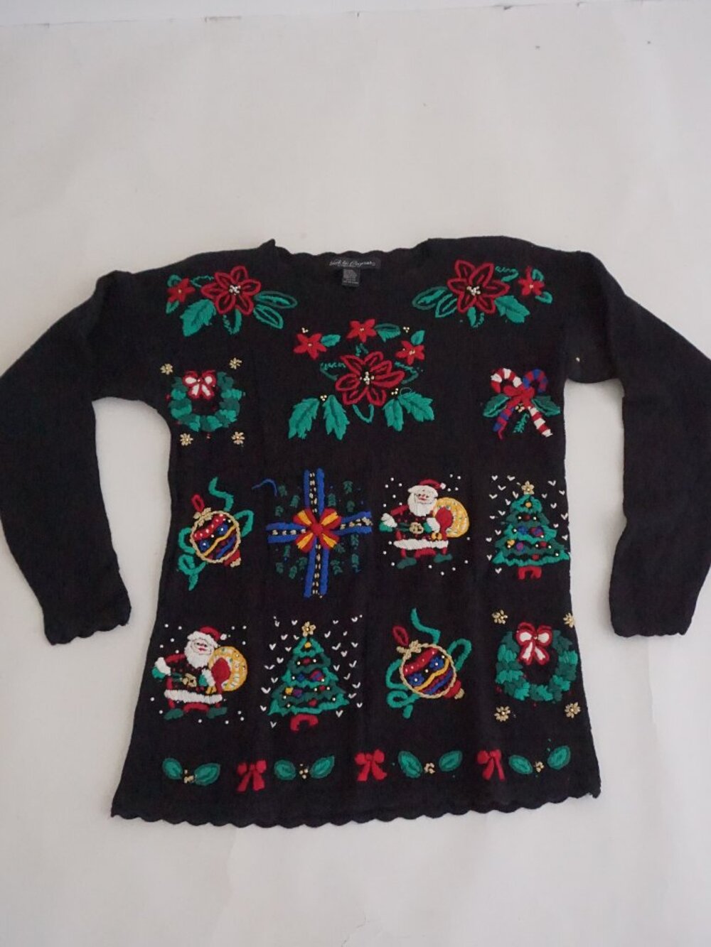 Vintage Work in Progress Black Poinsettia Santa Tree Ornament Christmas SweaterM